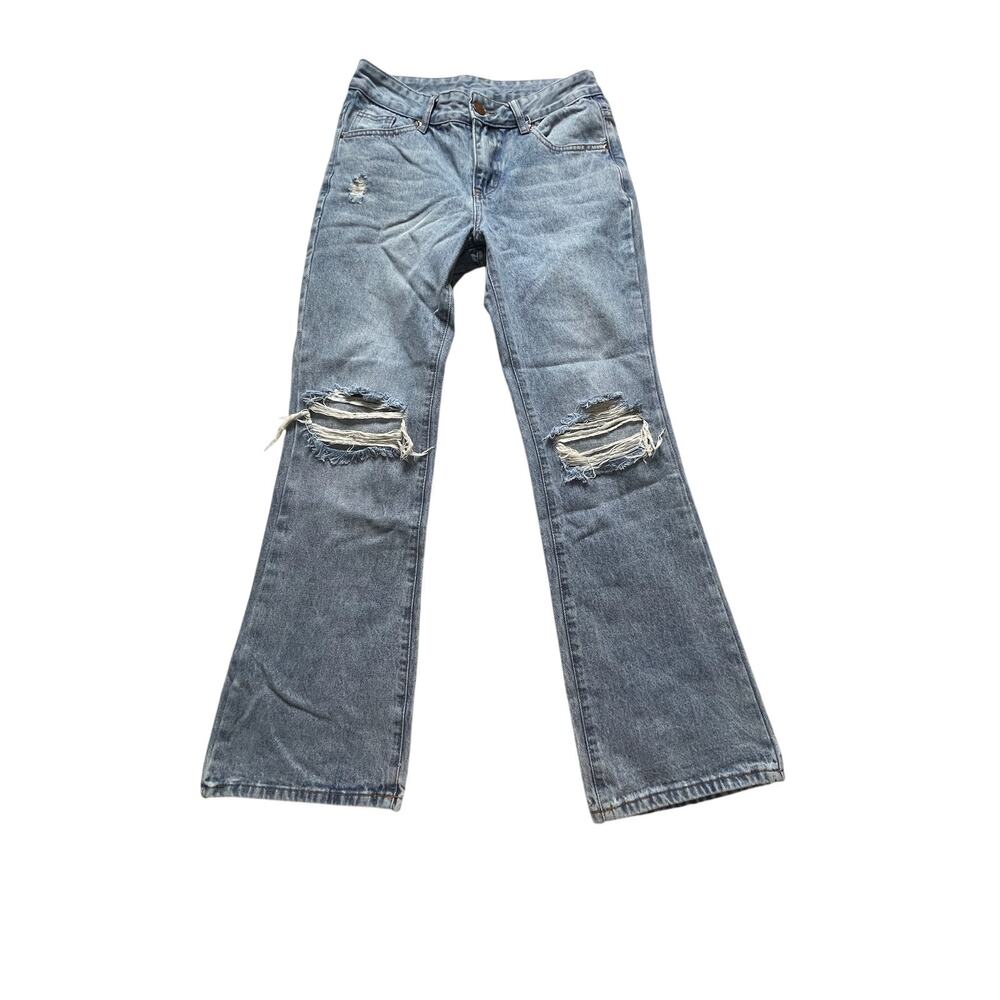 Womens Sz 30 Distressed Ripped Flare/Bootcut Denim Jeans Light Wash Y2K Boho EUC